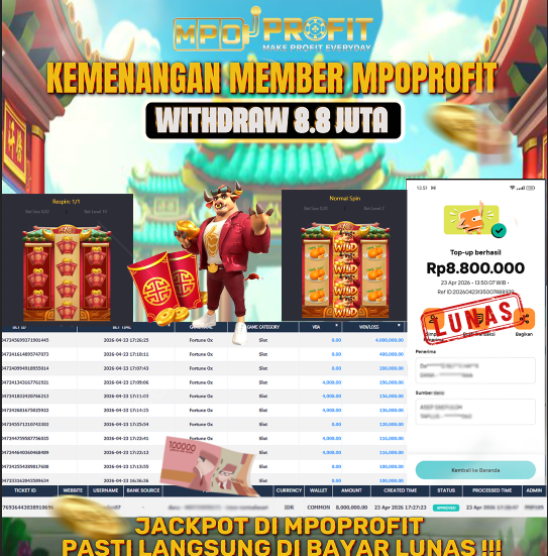 MPOPROFIT JACKPOT SLOT PGSOFT! KEMENANGAN MURNI DI (FORTUNE OX TOTAL Rp. 8.800.000,- LUNAS)